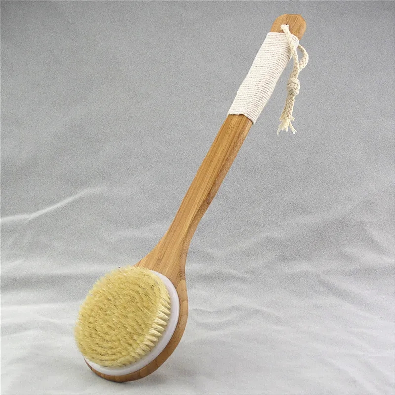 Natural Bristle Brush Long Handle Wooden Scrub Skin Massage Shower Body Bath Brush Round Head Bath Brushes Bathroom Accessories