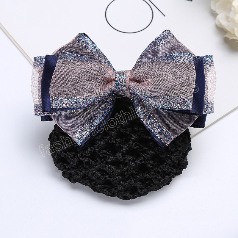 Three Pearl Gradient Net Yarn Hair Clip For Women Headwear Rhinestone Crochet Bun Net Snood Barrettes Mesh Bowknot Spring Clips