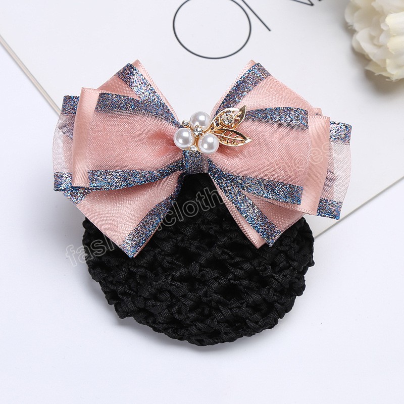 Üç İnci Gradyan Net İplik Saç Klipi Kadınlar için Rhinestone Crochet Bun Net Snood Barrettes Mesh Bowknot Yay Klipsleri