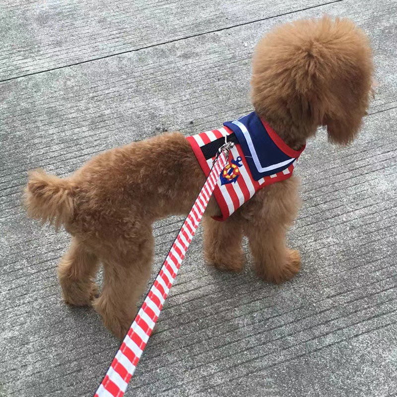 Hundklänningssele, hundsele och koppelset, sjömansväst i marin stil, husdjurskläder Vår sommar, Söt valpselekoppelsats