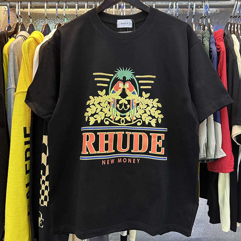T-shirts för män Rhude T-shirt Sommar Nytt högkvalitativt papegojtryck High Street Fashion Hip Hop Lös män Kvinnor Topp T-shirt Riktigt foto