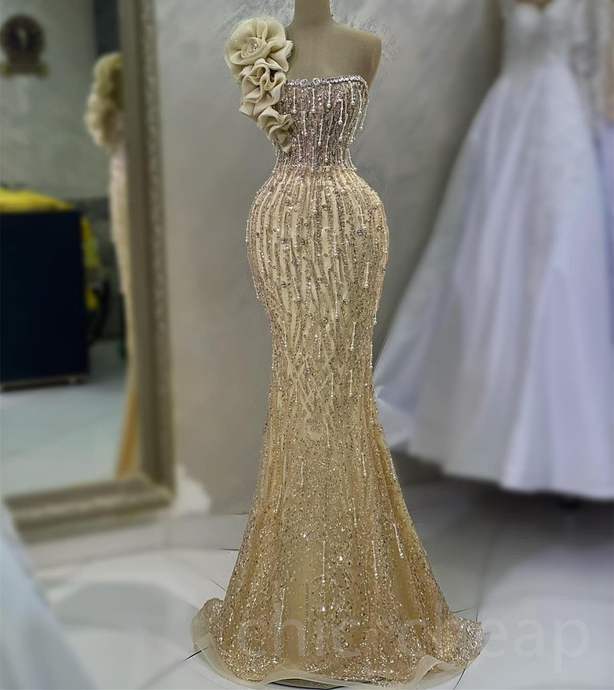 2023 Aso Ebi Gold Mermaid Prom Dress Pearls Crystals Evening Formal Party Second Reception Birthday Bridesmaid Engagement Gowns Dresses Robe De Soiree ZJ690