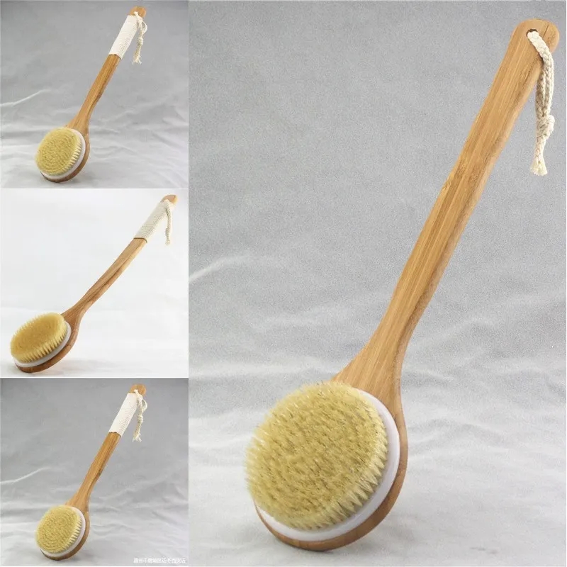 Natural Bristle Brush Long Handle Wooden Scrub Skin Massage Shower Body Bath Brush Round Head Bath Brushes Bathroom Accessories