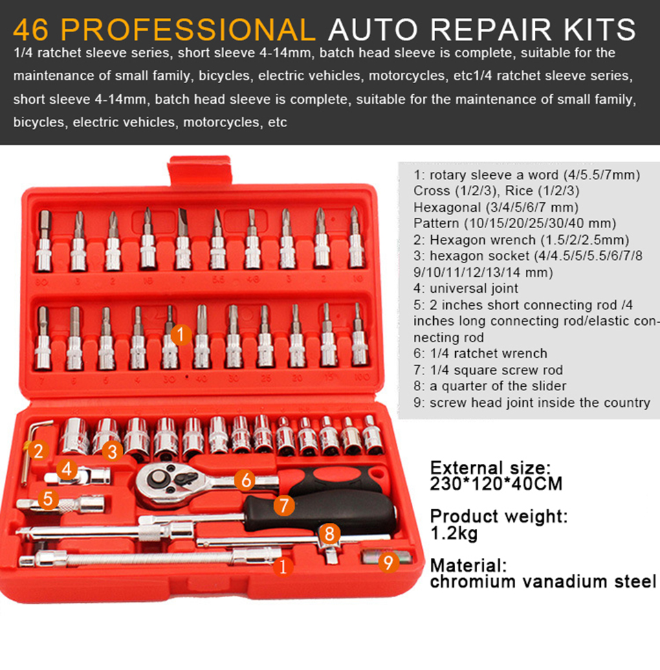 Professional 46 SPANNER SOCKET COMBINATION SET AUTO REPARATION REALTER Ratchet Keys Chrome Vanadium Socket Wrench Set HM-46S