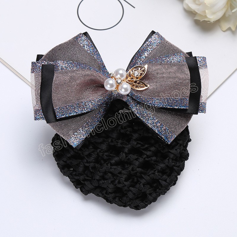 Three Pearl Gradient Net Yarn Hair Clip For Women Headwear Rhinestone Crochet Bun Net Snood Barrettes Mesh Bowknot Spring Clips