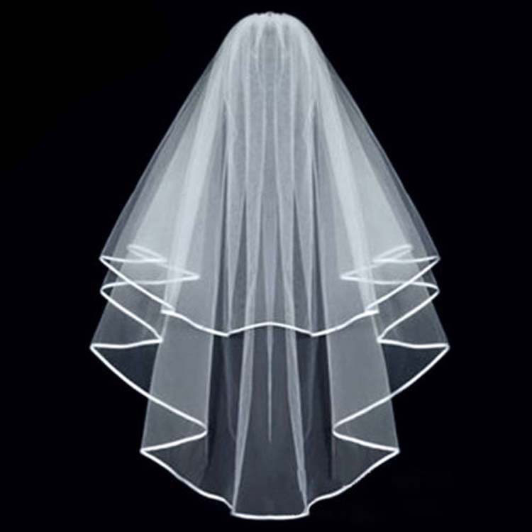 Véus de casamento de noiva sólido branco marfim com pente elegante fita bordada duas camadas moda tule véus curtos feminino acessórios de cabelo noiva para ser véu de noivado CL2565