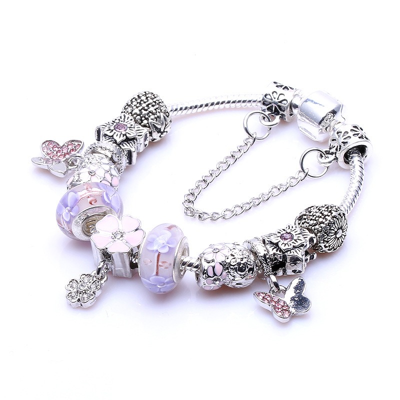 Fashion 925 Sterling Silver Pink Murano Lampwork Glass & European Charm Beads Five Petals Flower Butterfly Dangle Fits Pandora Charm Bracelets & Necklace