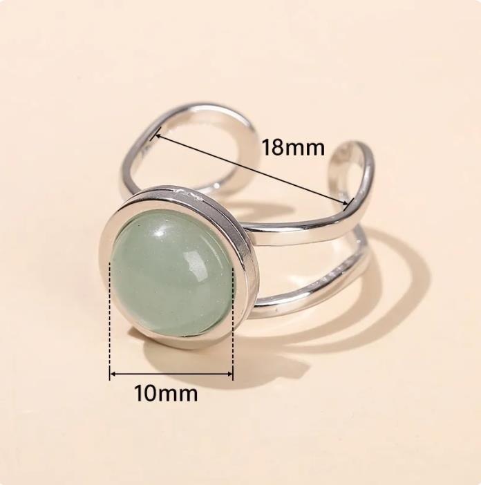 10mm Natural Green Aventurine Agate Stainless Steel Open Rings Women Boho Retro Adjustable Reiki Healing Crystal Jewelry