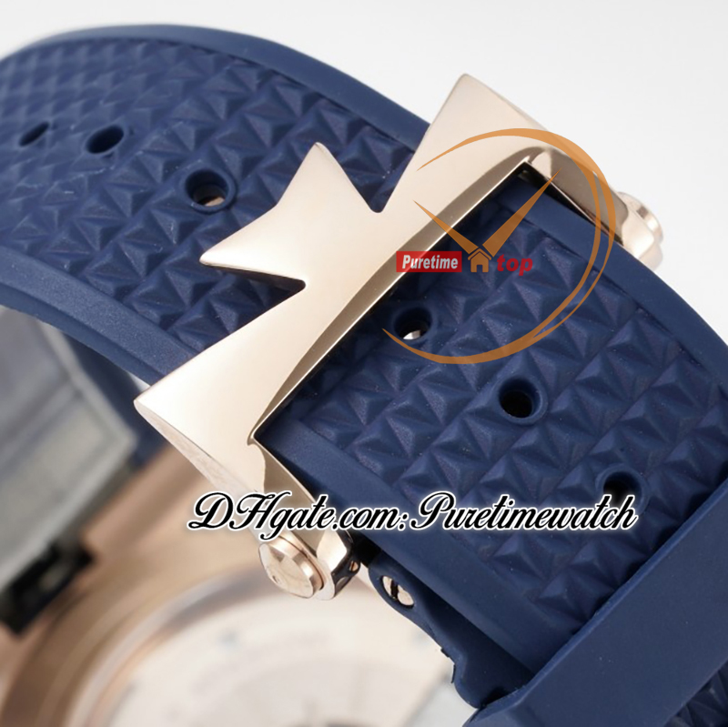 8F Overseas Perpetual Calendar Moonphase 4300V A1120 Automatique Montre Homme Rose Godl Argent Cadran Bâton Bracelet Cuir Bleu Super Version Edition Puretime F6