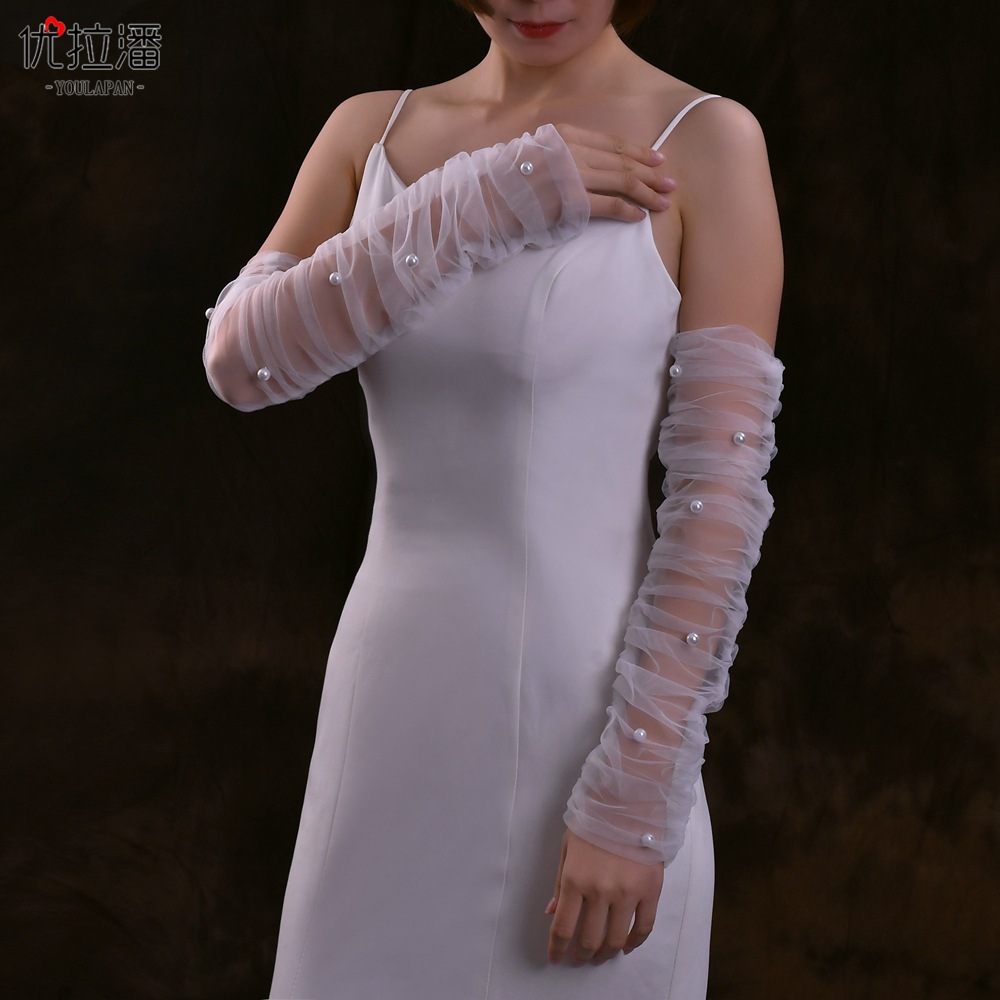 2024 designer perle tulle guanti da sposa trasparenti lunghi eleganti senza dita bianco nero avorio vedere attraverso la maglia moda matrimonio accessori sposa matrimonio CL2567