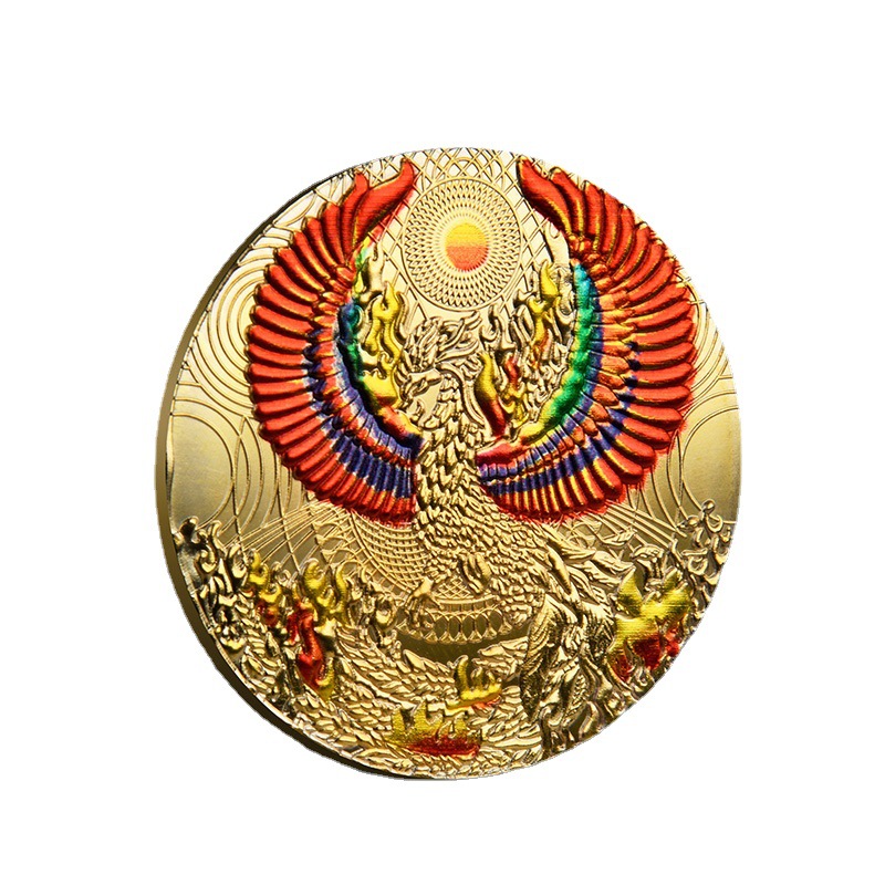 Kunst und Kunsthandwerk Antike silberfarben bedruckte Phönix-Gedenkmedaille Flammengott Vogel Phönix-Nirvana-Relief Chinoiserie-Gedenkmedaille