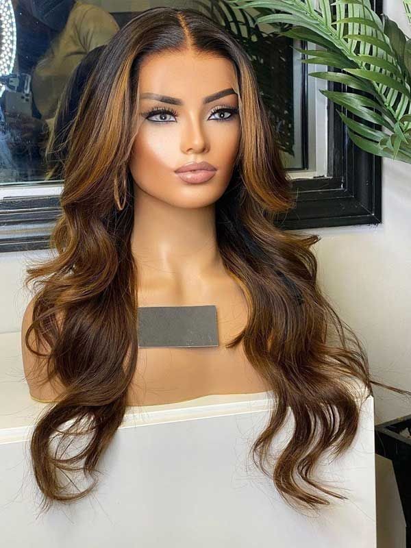 Brown highlight blonde ombre lace frontal wig brazilian human hair wig body wave hd lace real hair lace front wig full natural natural real humain perruque 150% for sale