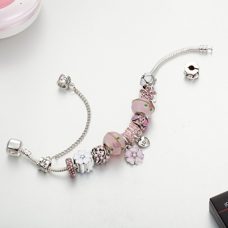 Mode 925 Sterling Silver Rosa Murano Lampwork Glas Europeiska berlockpärlor Fem kronblad Blomma Körsbärsblom Dingle Passar Pandora Berlock Armband Halsband