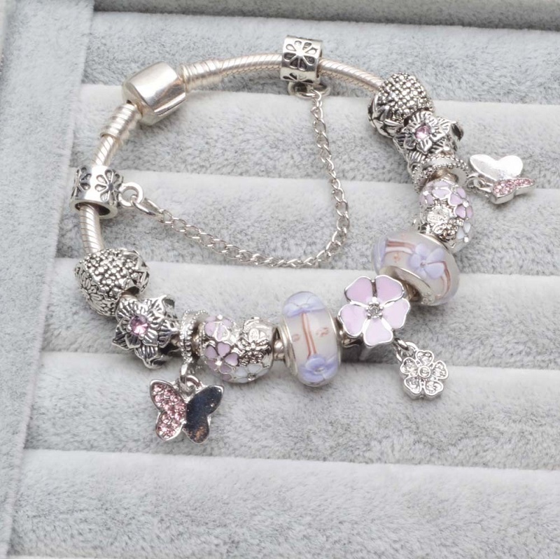 Murano-Glasperlen aus 925er-Sterlingsilber, rosafarbene fünfblättrige Blume, europäische Charm-Perlen, Schmetterlings-Blumen-Anhänger, passend für Pandora-Charm-Armbänder und Halsketten