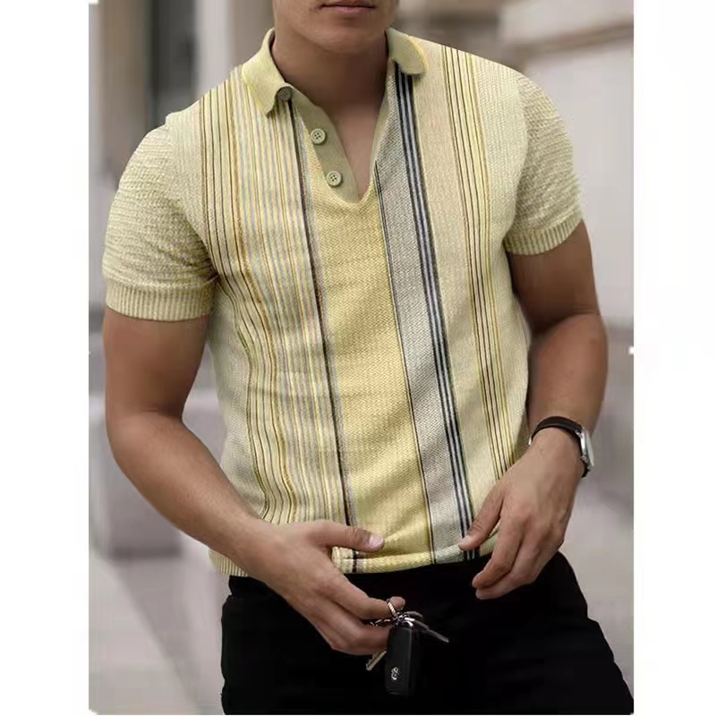 Polos à manches courtes pour hommes Vintage Casual 3d print Slim Fit Contrast Color Stitching Stripe Cotton Blend Shirts