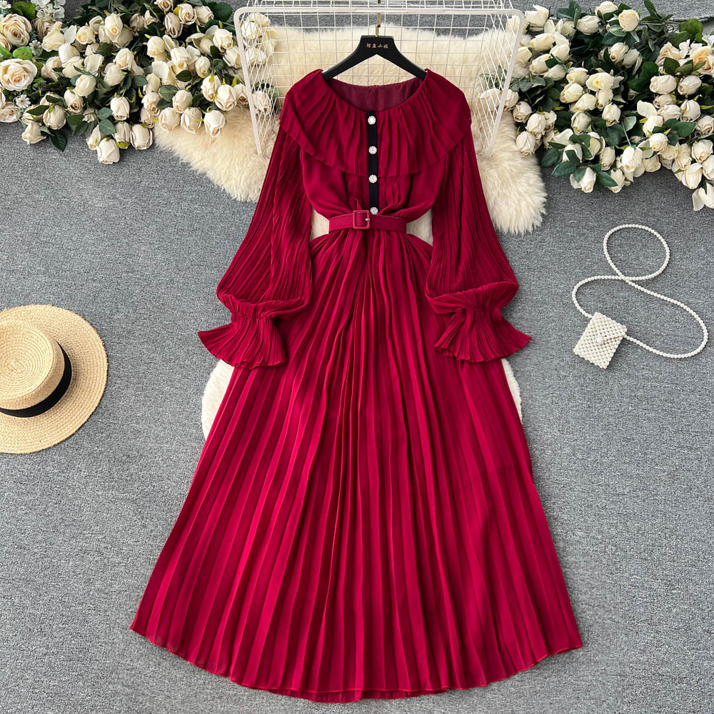 Basic Casual Dresses Summer New Slim Pleated Dress Women's Celebrity Ruffle Long Sleeve Solid Color Clothes Vestidos Femininos Frete 2023