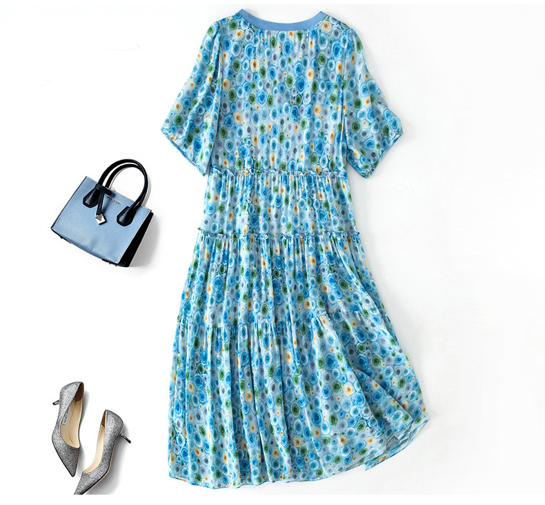 2023 Summer Blue Polka Dot Print Panelled Silk Dress Short Sleeve Round Neck Knee-Length Casual Dresses C3Q04 Plus Size XXL 5090