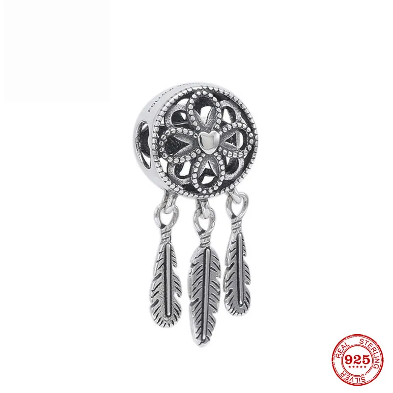 925 Sterling Silver Dangle Charm Three Feathers Dreamcatcher Bead Fit Pandora Charms Bracelet DIY Jewelry Accessories