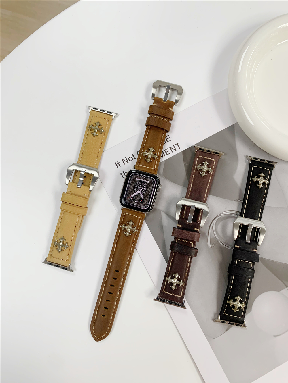 Chrome Heart Band for Apple Watch Series Ultra 8 7 6 5 4 3 2 Se Cow Leather Strap for IWatch 38 42mm 40 44mm 41 45mm 49mm Bracelet