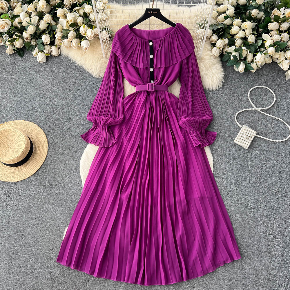 Basic Casual Dresses Summer New Slim Pleated Dress Women's Celebrity Ruffle Long Sleeve Solid Color Clothes Vestidos Femininos Frete 2023