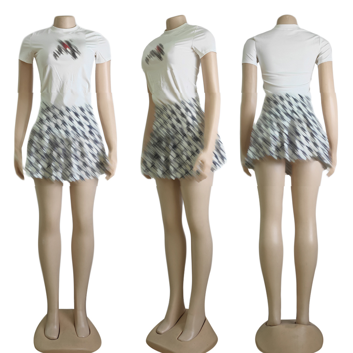 2024 Casual Two Piece Dress Women Fashion Print T-shirt and Mini Skirt Sets Outfits Free Ship