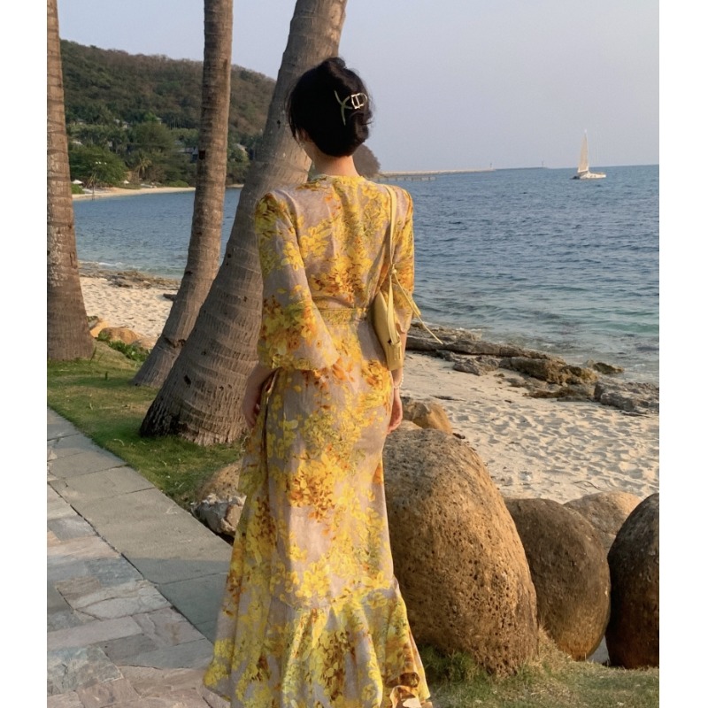 Women's beach holiday three quarter sleeve sashes high waist yellow flower print maxi long chiffon dress SMLXL