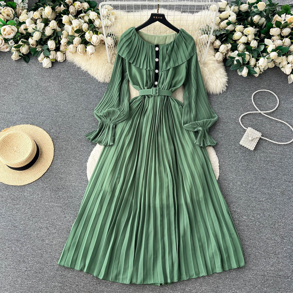 Basic Casual Dresses Summer New Slim Pleated Dress Women's Celebrity Ruffle Long Sleeve Solid Color Clothes Vestidos Femininos Frete 2023