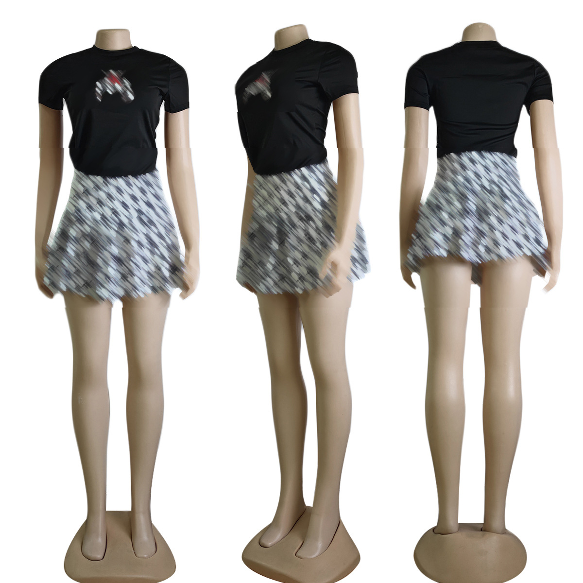 2024 Casual Two Piece Dress Women Fashion Print T-shirt and Mini Skirt Sets Outfits Free Ship