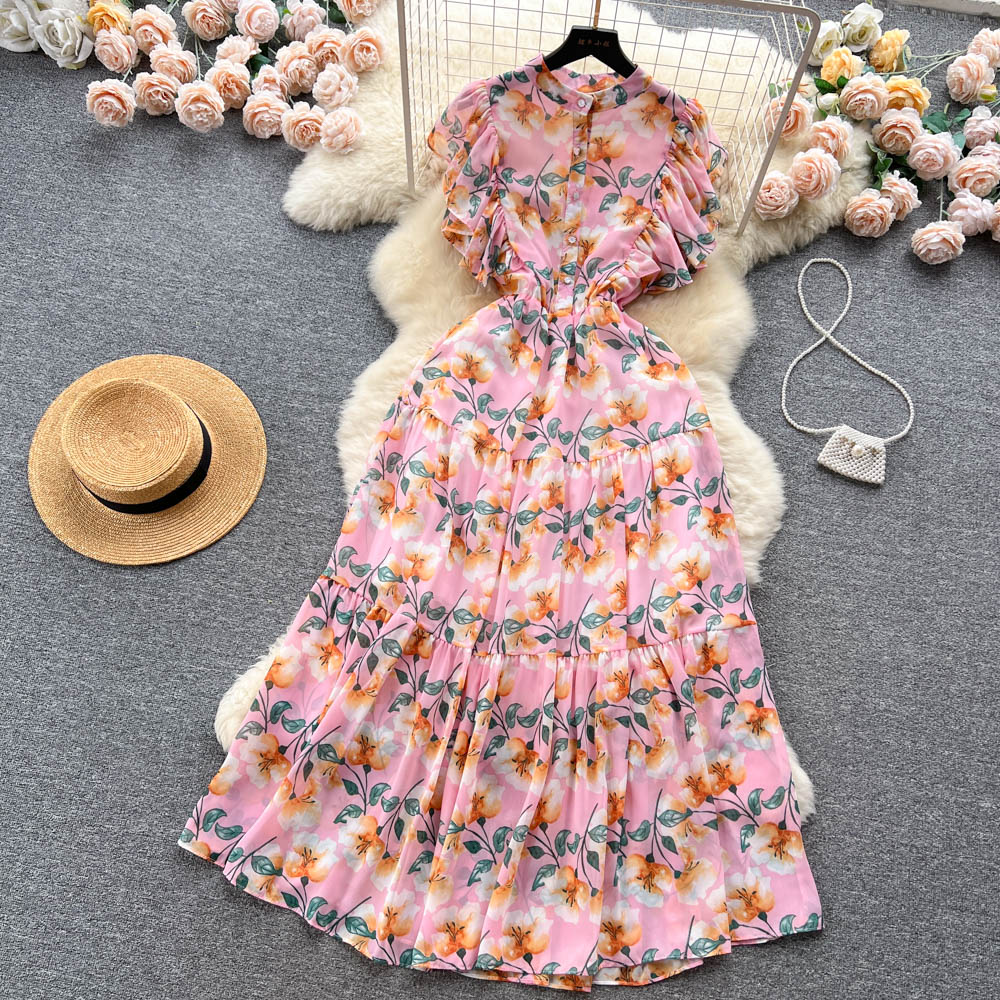 Vestidos casuais básicos gola alta estampa floral vestido maxi evasê feminino verão manga curta mosca manga fina praia feriado festa roupas vestidos 2023