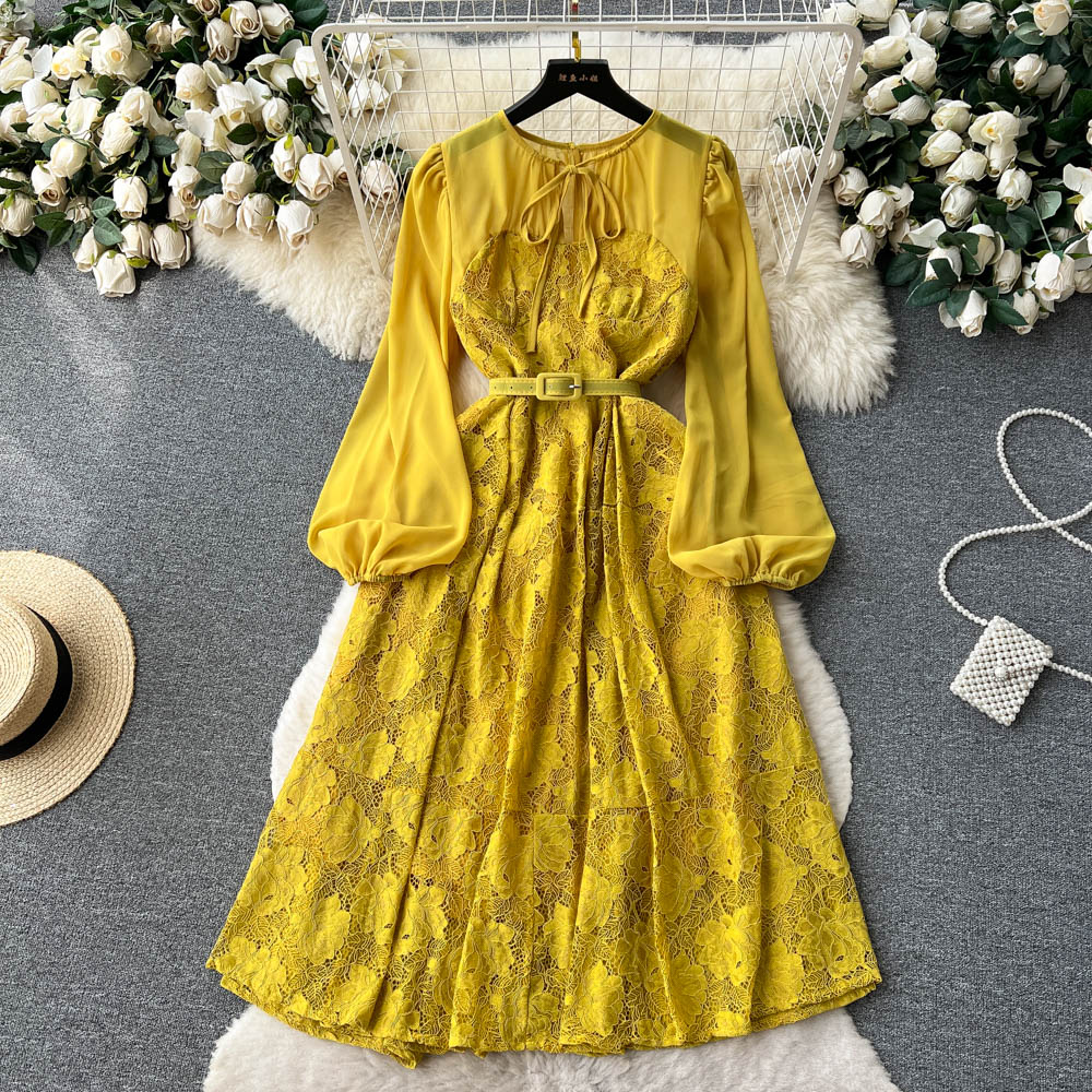 Casual Dresses New Fashion Long Sleeve Lace Patchwork A-line Dress for Women's Summer Korean Slim Party Clothes Vestidos De Verano Mujer 2023