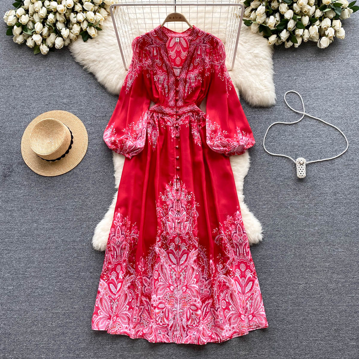 Basic Casual Dresses Court Retro Long Sleeves Single Breasted Maxi Shirt Dress Women Summer New Fashion V Neck Printing Elegant Clothes Vestidos 2023