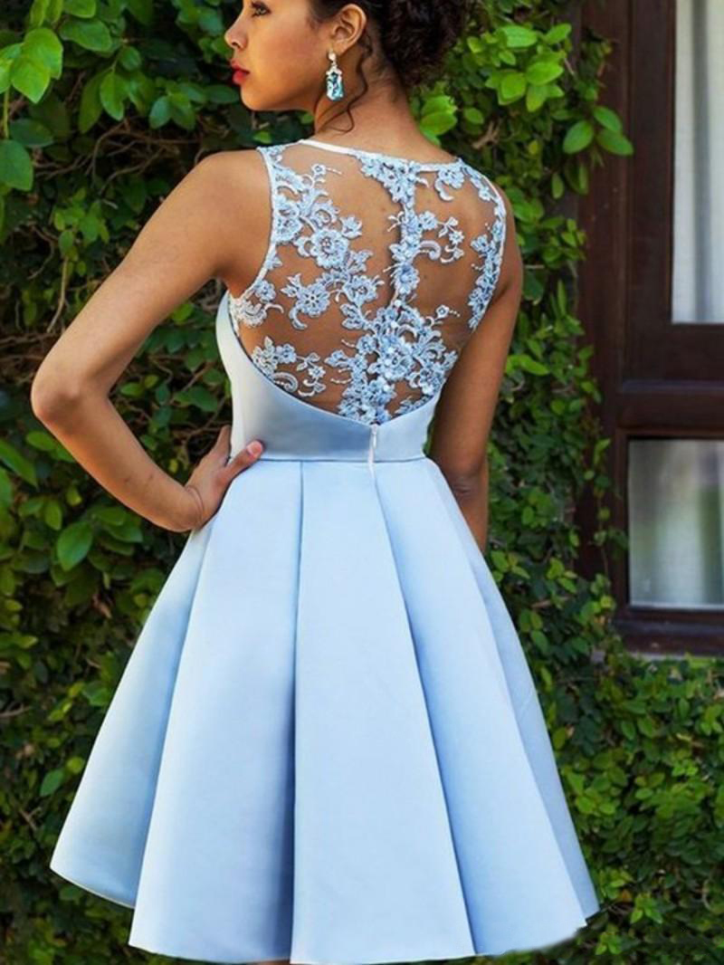 2023 New Sexy Sky Blue Short Prom Dresses Jewel Sleeveless 레이스 아플리크 새틴 주름 쿡 테일 드레스 특별한 행사 Homecoming Gown