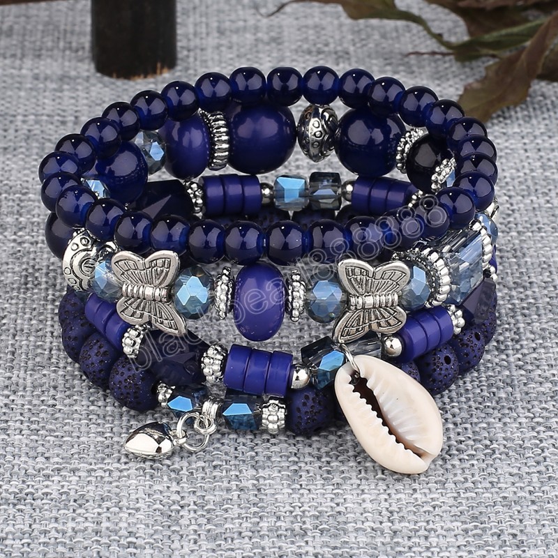 Koreaanse Boheemse Etnische Kristal Kralen Strand Armbanden Vrouwen Meisjes Vlinder Shell Charm Elastische Touw Armband Sieraden