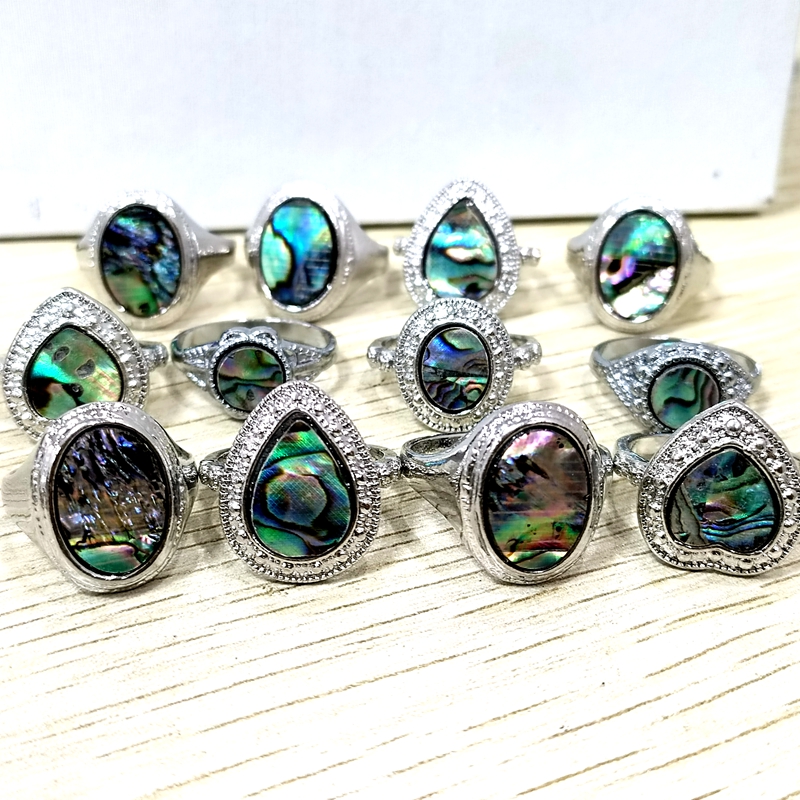 Wholesale 30 Abalone Shell Alloy Metal Vintage Rings Heart Oval Round Shape Wedding Rings Seaside Party Jewelry