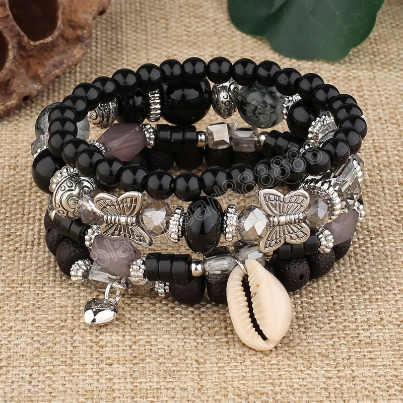 Koreaanse Boheemse Etnische Kristal Kralen Strand Armbanden Vrouwen Meisjes Vlinder Shell Charm Elastische Touw Armband Sieraden