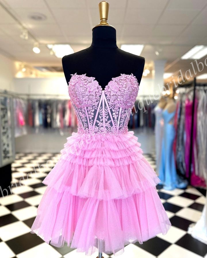 Sukienka bez ramiączek Homecoming 2K24 Sheer Lace Corset Glitter Tiulle Pago Pageant Formal Cocktail Event Party Runway Black-Tie Gala Weddna Gość Hoco Suknia Pink Magenta