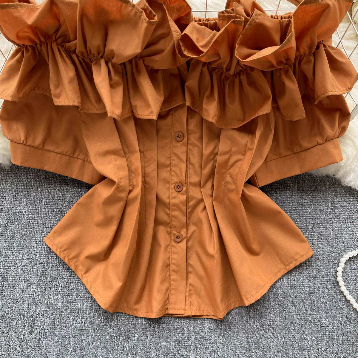 Women's Blouses Shirts New Fashion Short-sleeve Shirt Women's Slash Neck Off-the-shoulder Ruffle Summer Solid Color Casual Blouse Short Tops Mujer 2023