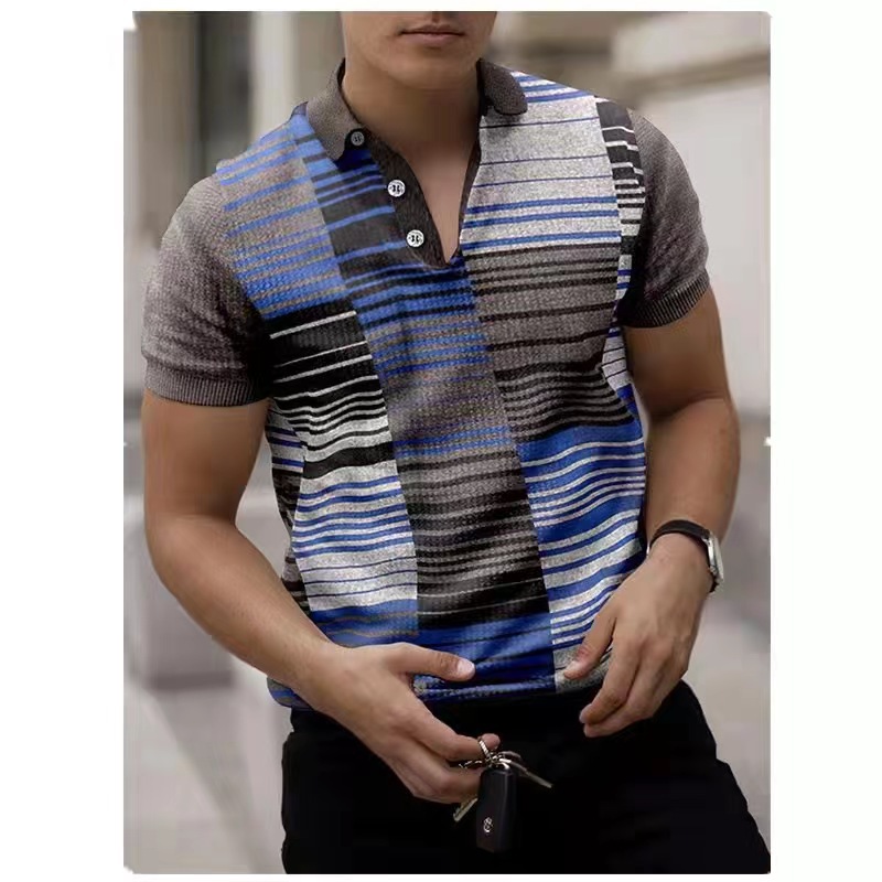 Polos à manches courtes pour hommes Vintage Casual 3d print Slim Fit Contrast Color Stitching Stripe Cotton Blend Shirts