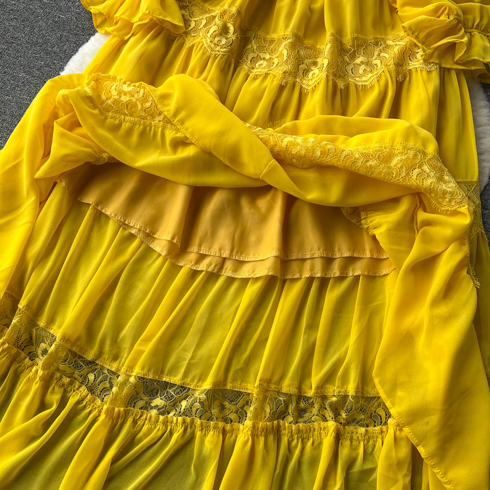 Robes décontractées basiques nouvelle mode robe trapèze 2023 femmes col en V manches longues bouffantes dentelle française en mousseline de soie couleur unie vêtements Vestido Feminino