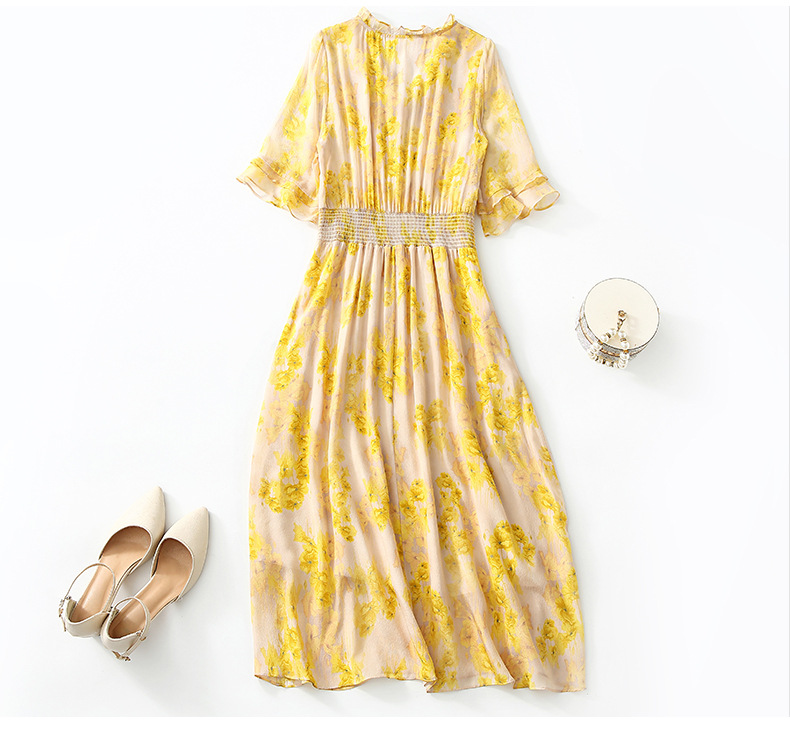 2023 Summer Yellow Floral Print Beaded Silk Dress 1/2 Half Sleeve V-Neck Panelled Midi Casual Dresses C3Q04 Plus Size XXL 5064