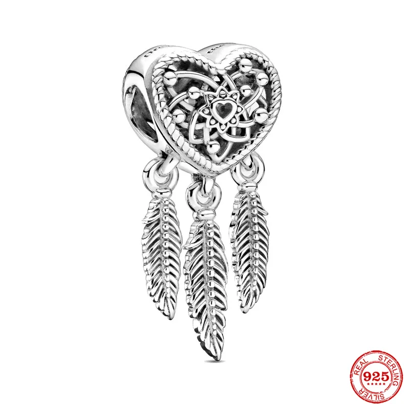 925 Sterling Silver Dangle Charm Three Feathers Dreamcatcher Bead Fit Pandora Charms Bracelet DIY Jewelry Accessories