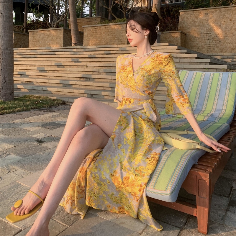 Kvinnors strandsemester tre fjärdedels ärmar skärp hög midja gult blommönster maxilång chiffongklänning SMLXL