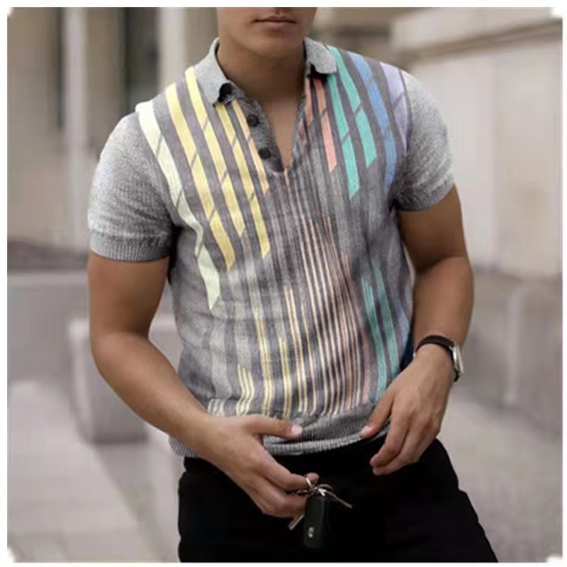 Polos à manches courtes pour hommes Vintage Casual 3d print Slim Fit Contrast Color Stitching Stripe Cotton Blend Shirts