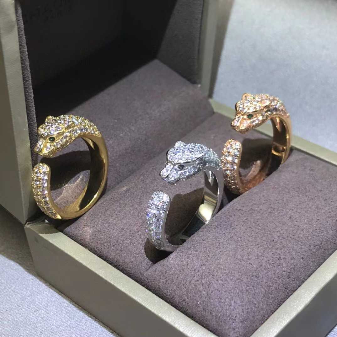 Hohe Version Carti Leopard Ring 925 Sterling Silber vergoldet 18 Karat Gold Carti Narrow Edition Damen offener Volldiamantkopf Präzision V7NK