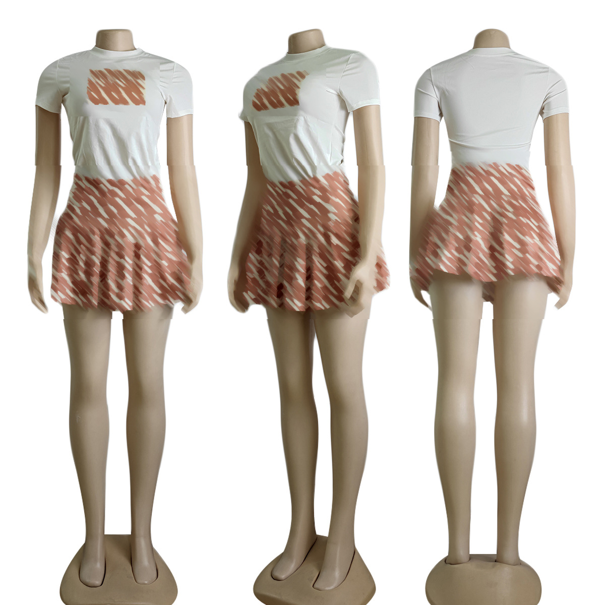 2024 Casual Two Piece Dress Women Fashion Print T-shirt and Mini Skirt Sets Outfits Free Ship