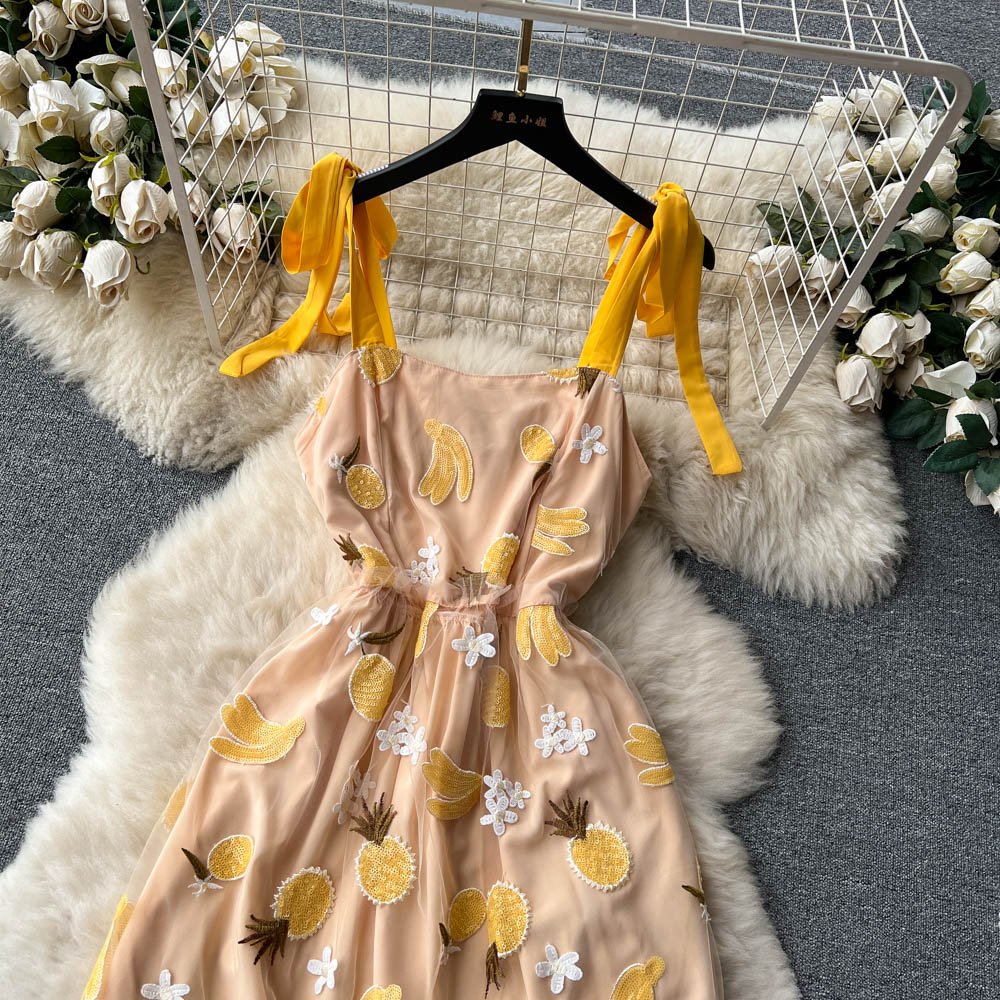 Basic Casual Dresses Sexy Sweet French Vintage Yellow Bandeau Dress Women's New Fashion Summer Sequin Mesh Embroidery Party Clothes Vestidos 2023