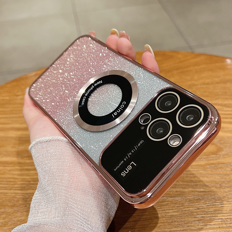 Large Window Lens Magnet Wireless Charging Phone Cases For Iphone 15 14 Pro Max 13 12 11 X XR XS 7 Plus Bling Glitter CD Grain Luxury Chromed Soft TPU Plated Fine Hole Cover