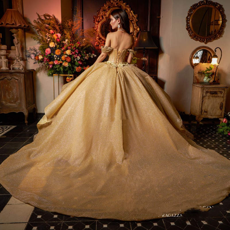Złote błyszczące paski Spaghetti wielowarstwowa sukienka na Quinceanera suknia Bling kryształowe aplikacje koronkowe 3DFlower gorset Vestido De 15 Anos