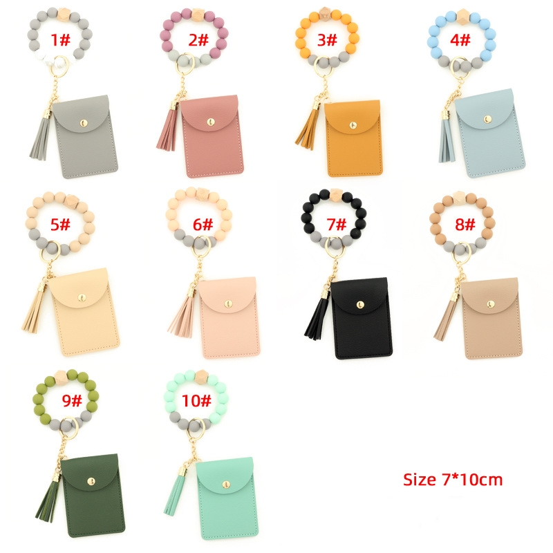 Party Favor Silicone Bead Bracelet Party Favor Solid Color Card Bag Key Chain Wallet Leather Tassel Multi Card Slot Change Bag Leather Card Cover Q301