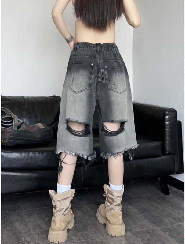American New High Street jeansshorts Retro lösa shorts Mångsidiga herr Utslitna tvättade High Street Trendig design Rak Barrel Shorts